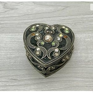 Enamel and Brass Heart Shape Trinket Box with Jewel Accents J-094